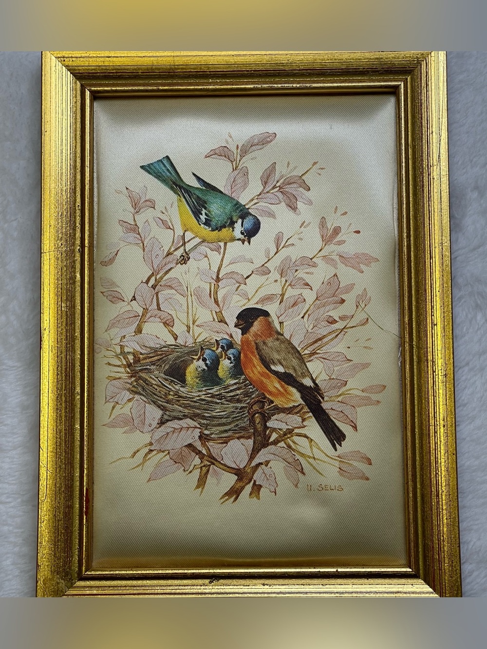 Vintage Italian U. Selis Bird Silk Prints Gold Gilt Frames Pair - Made in Italy - Picture 4 of 9